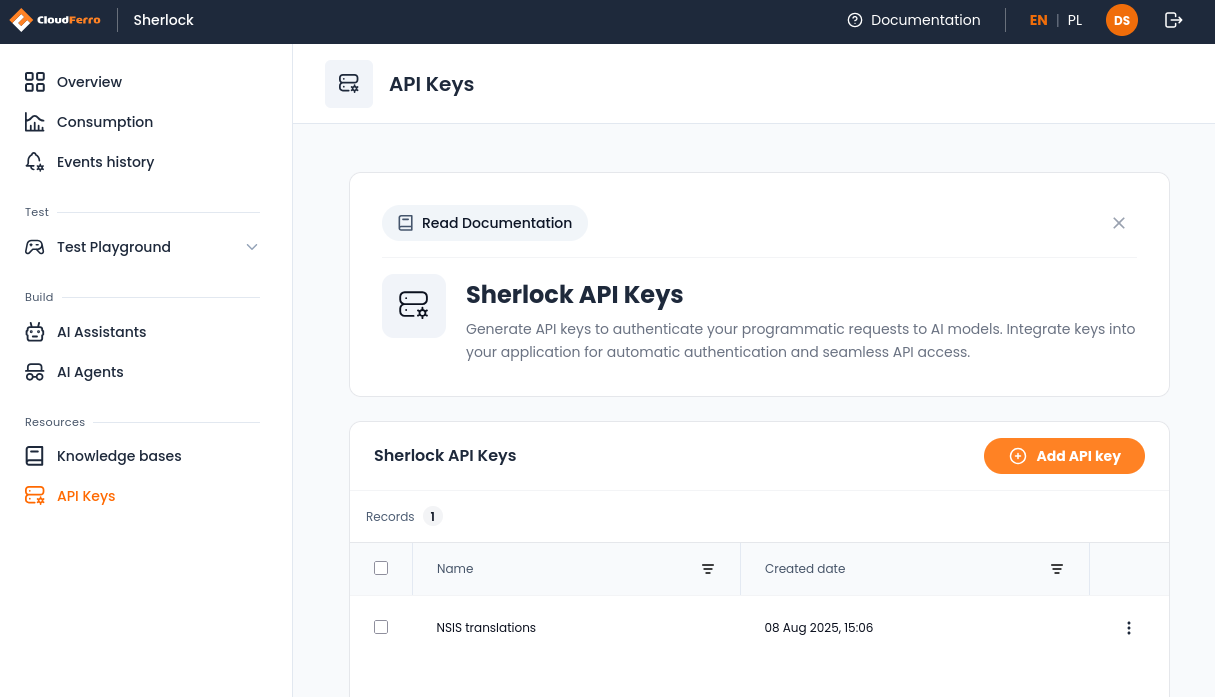 Sherlock AI API Keys page