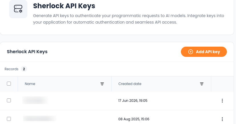 List of Sherlock AI API keys