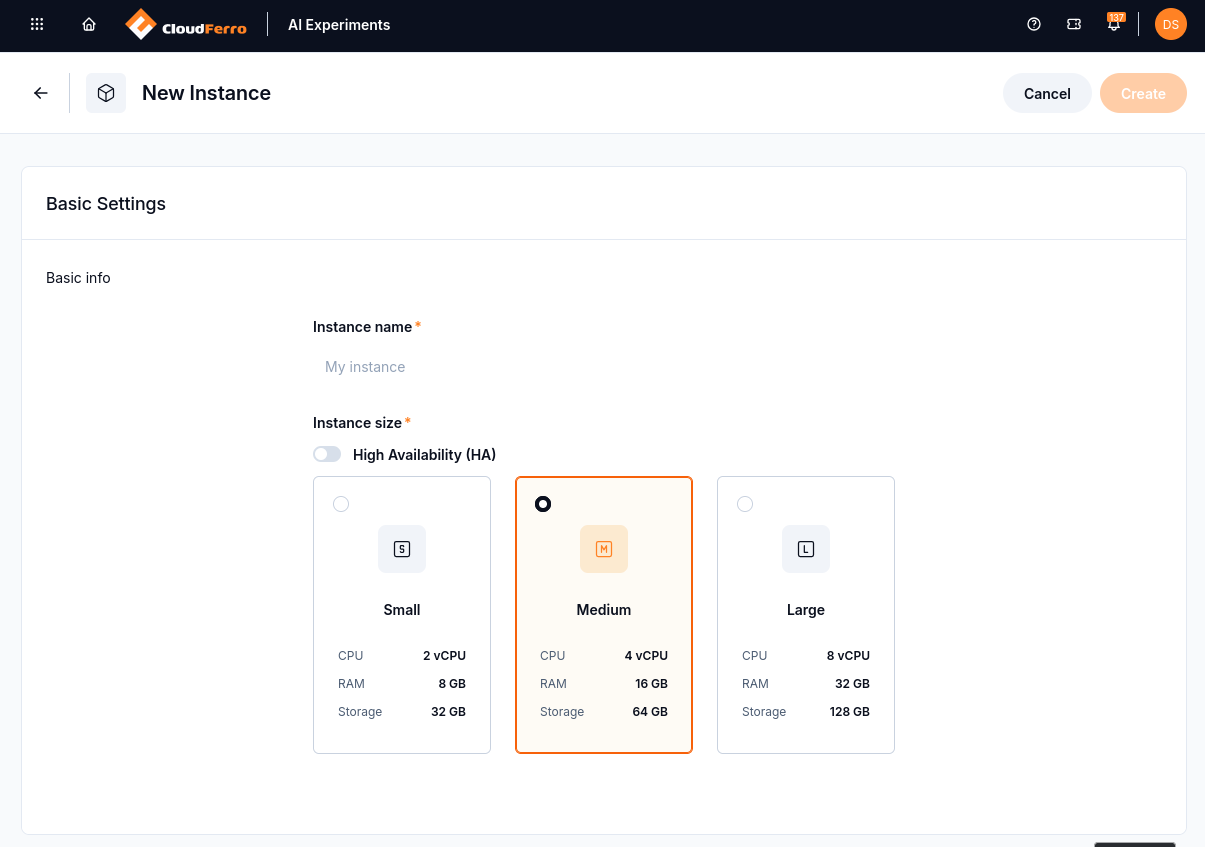 Basic Settings showing the name, HA option, and Small, Medium, and Large sizes