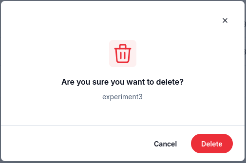 Deletion dialog identifying experiment3 with Cancel and Delete buttons