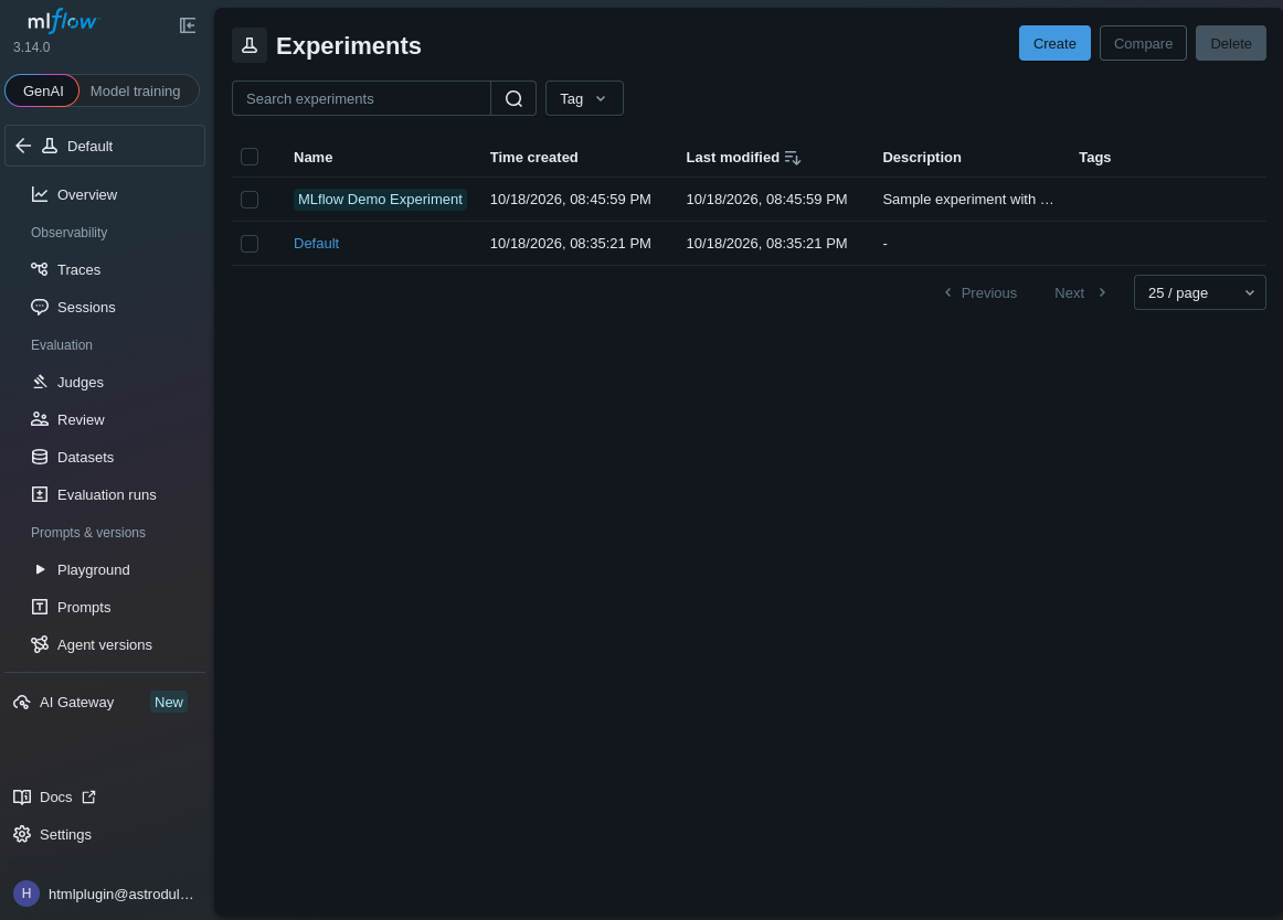 Experiments list containing MLflow Demo Experiment and Default