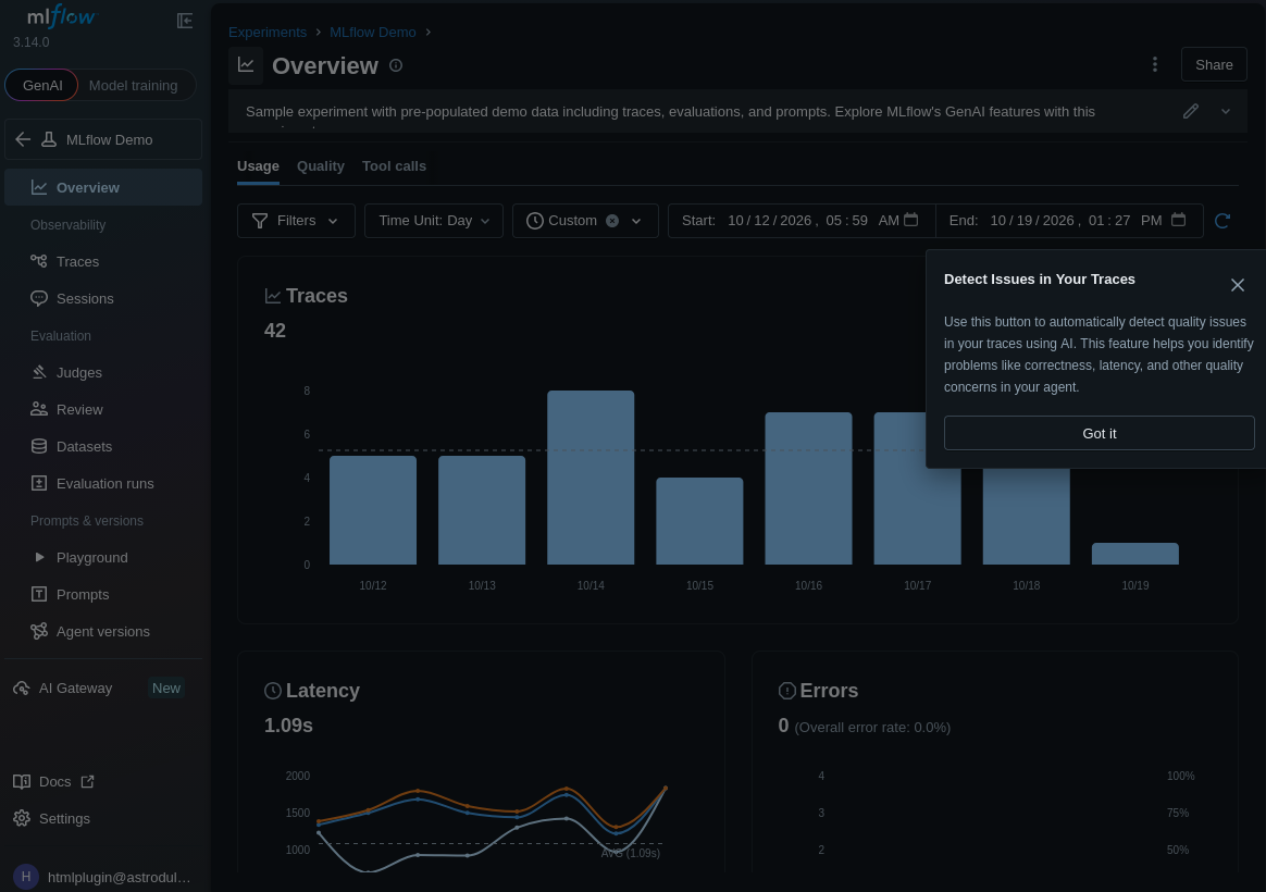 Demo experiment Overview with sample trace counts and a Detect Issues in Your Traces help dialog