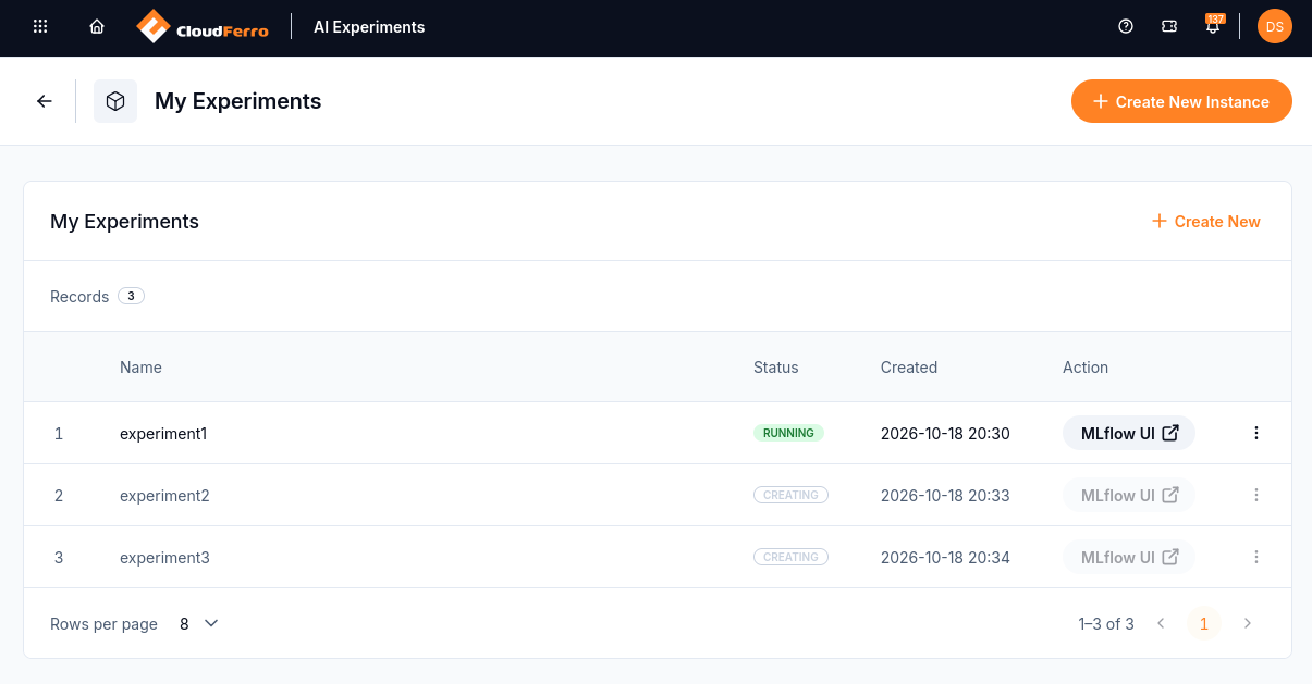 experiment1 in Running while experiment2 and experiment3 are still Creating