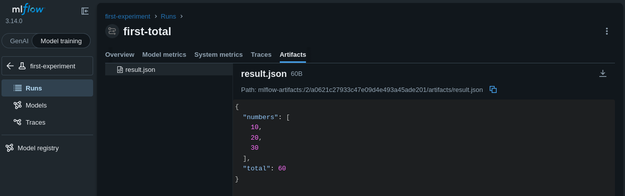 first-total run with the Artifacts tab selected and result.json showing numbers 10, 20, and 30 and a total of 60