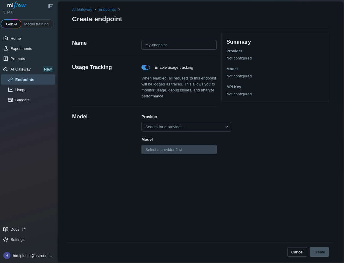 Create endpoint form with Name, Usage Tracking, Provider, Model, and a Summary panel showing unconfigured values