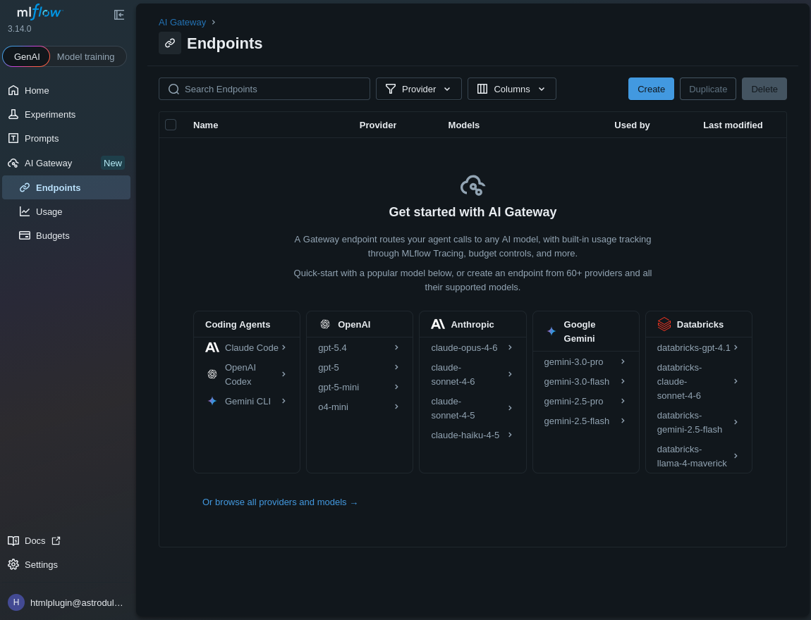 Empty AI Gateway Endpoints page with Create and provider shortcuts