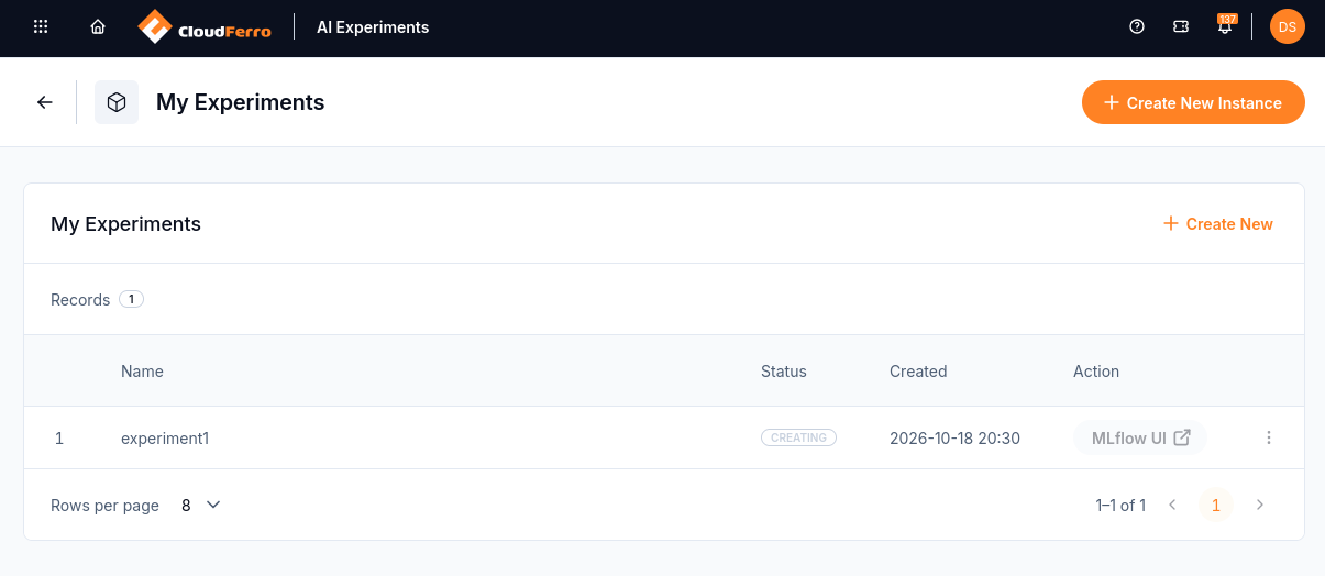 My Experiments listing experiment1 with the Creating status and an inactive MLflow UI button