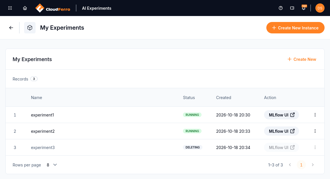 experiment3 has status Deleting while experiment1 and experiment2 remain Running