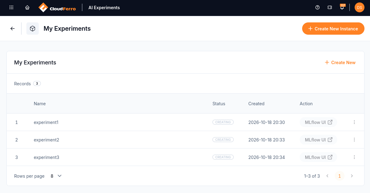 My Experiments listing three instances with Creating statuses and inactive MLflow UI buttons