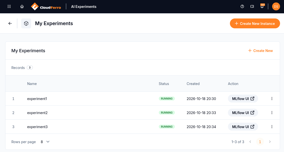 My Experiments with three Running instances and active MLflow UI buttons