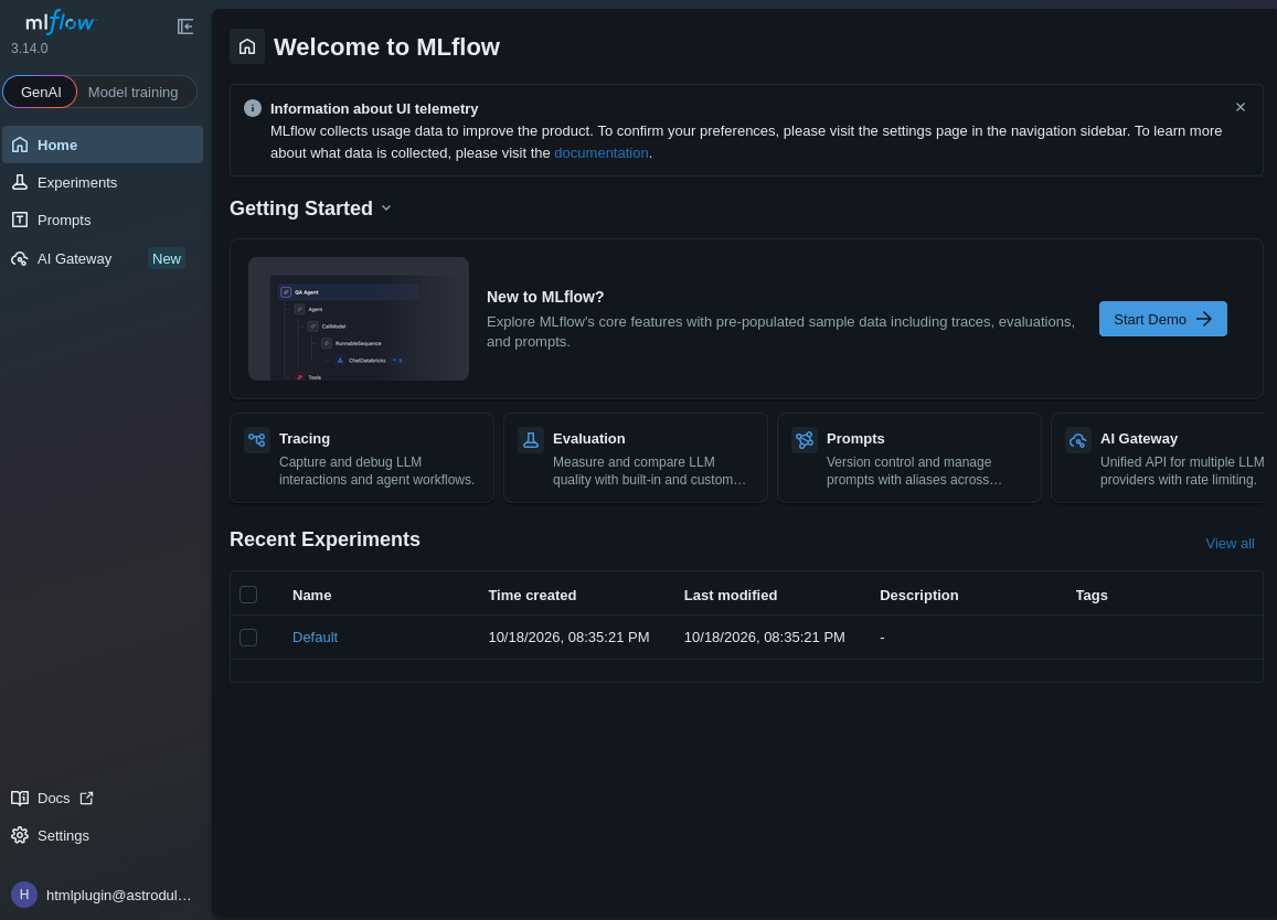 Welcome to MLflow in GenAI mode with a Start Demo button