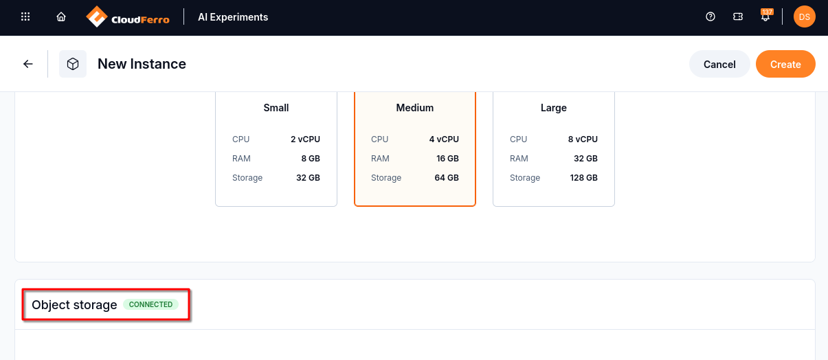 Object storage with a green CONNECTED badge