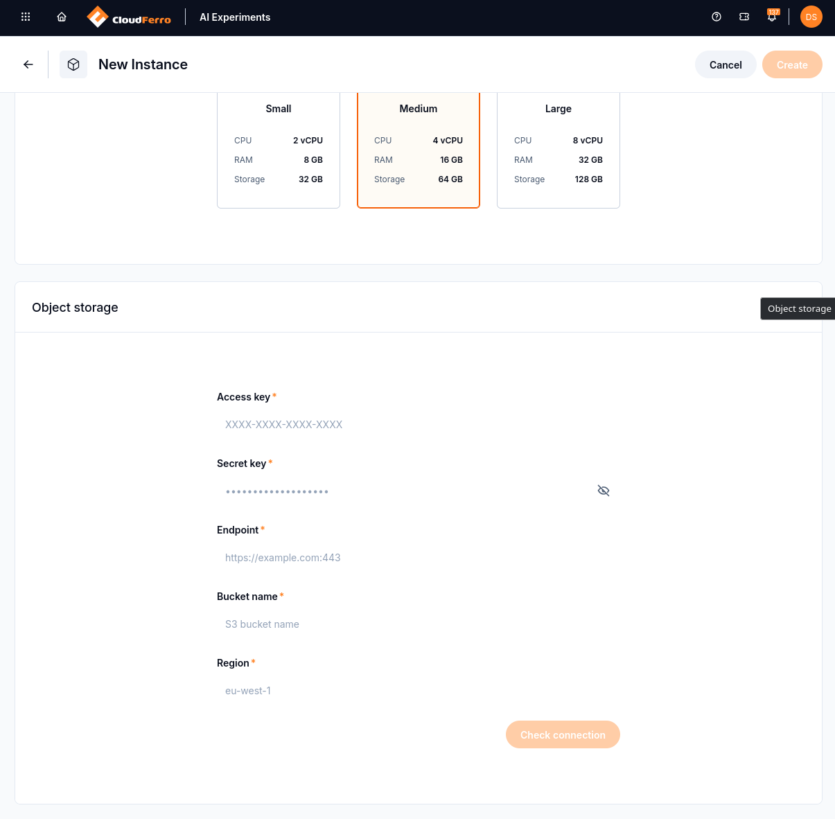 Object storage fields in the AI Experiments creation form