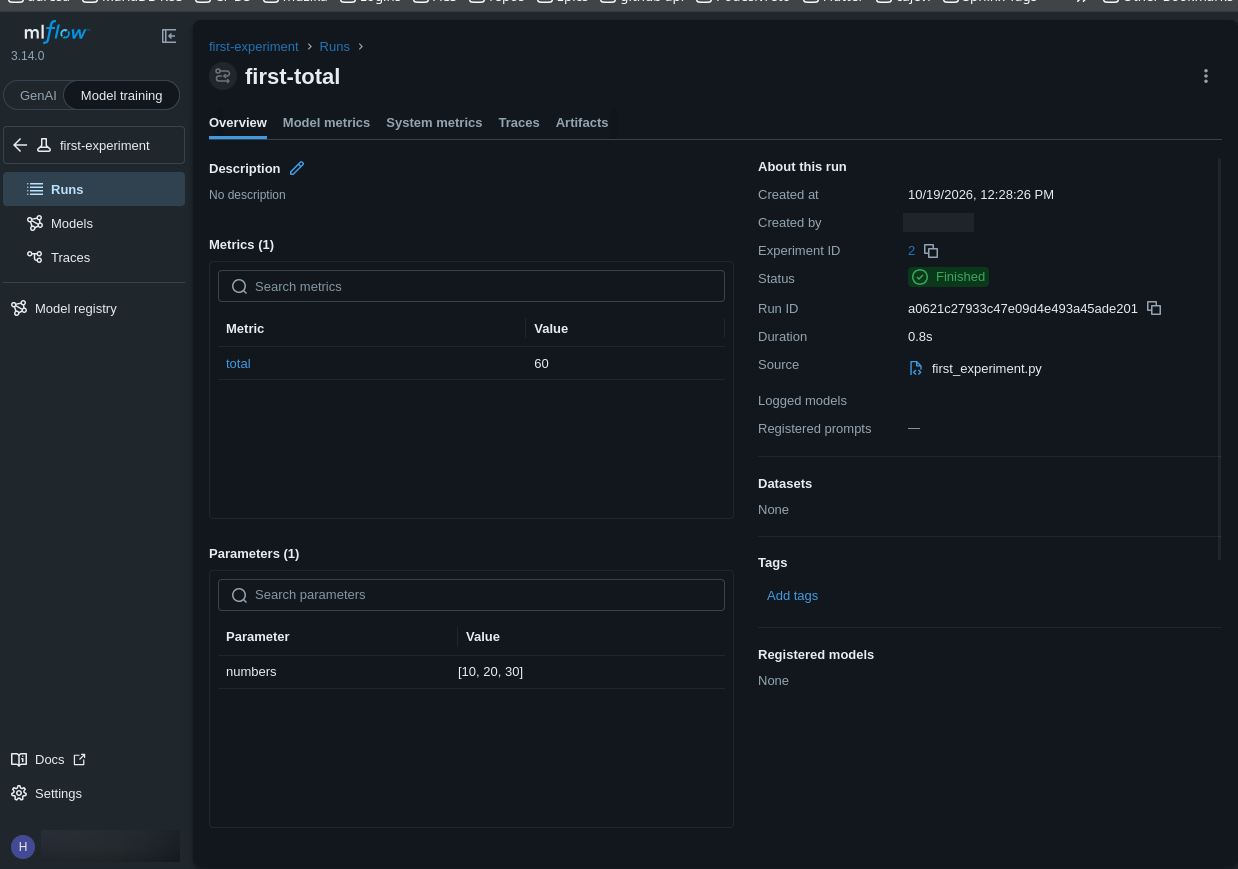 MLflow first-total run showing the numbers parameter as 10, 20, 30 and the total metric as 60