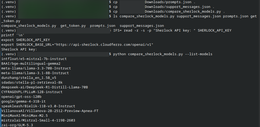 Terminal output from compare_sherlock_models.py --list-models showing available Sherlock model IDs