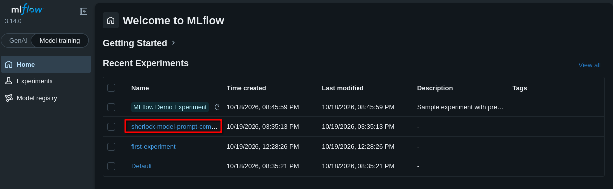MLflow Home page with the Sherlock model and prompt comparison experiment highlighted under Recent Experiments