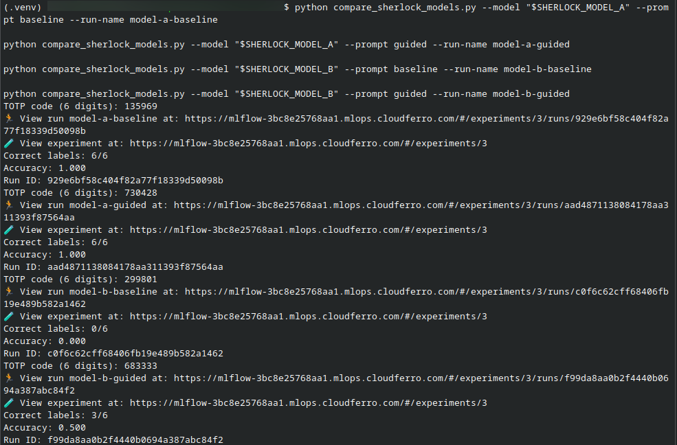 Terminal output from all four Sherlock comparison runs showing correct label counts, accuracy, and MLflow run links