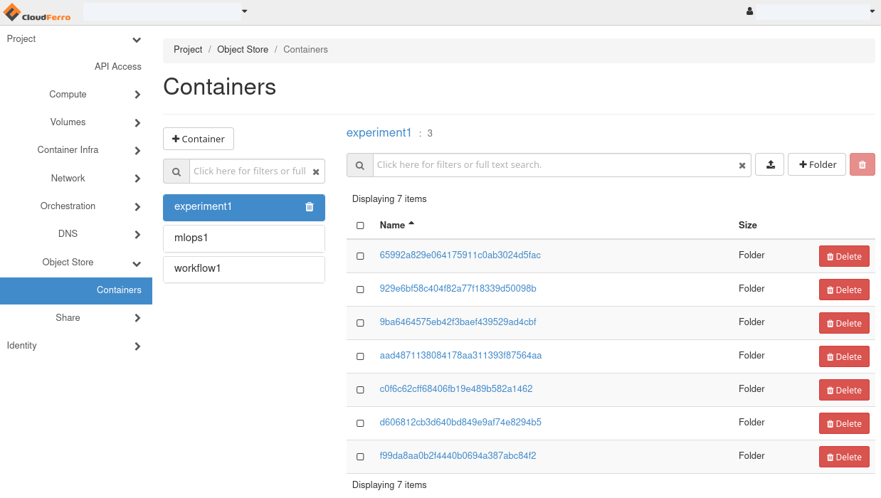 Horizon Object Store Containers showing seven run ID folders inside experiment1 and experiment folder 3