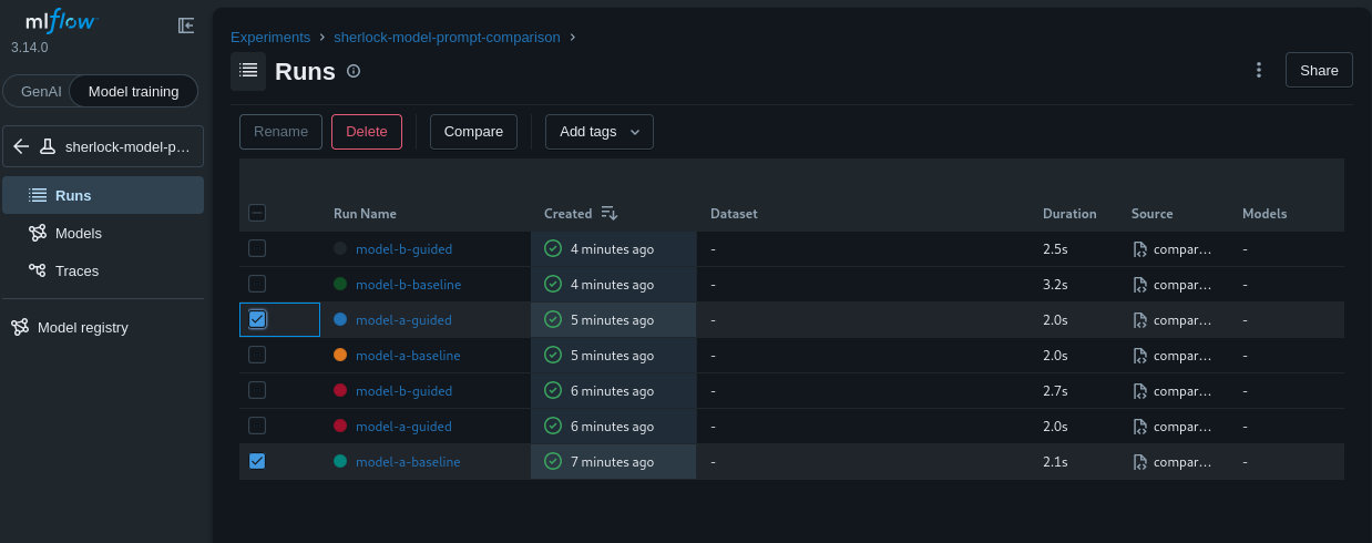 Runs table with model-a-baseline and model-a-guided selected and the Compare button visible