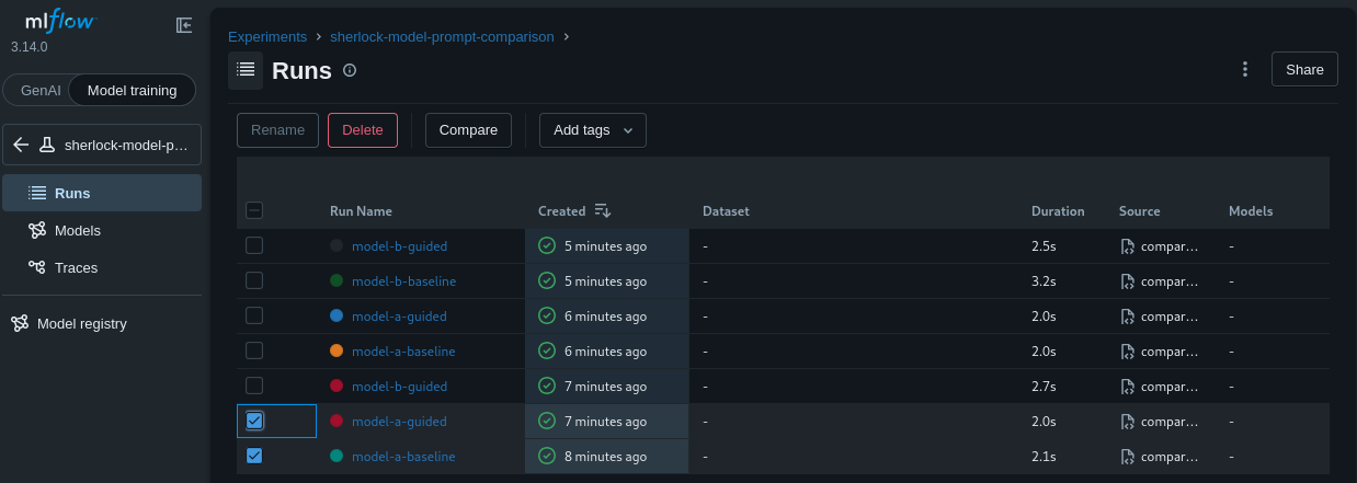 Runs table with model-a-baseline and an earlier model-a-guided execution selected for another comparison