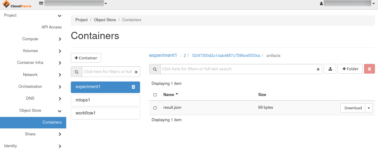 OpenStack Horizon with experiment1 selected under Object Store, Containers, and an existing result.json artifact
