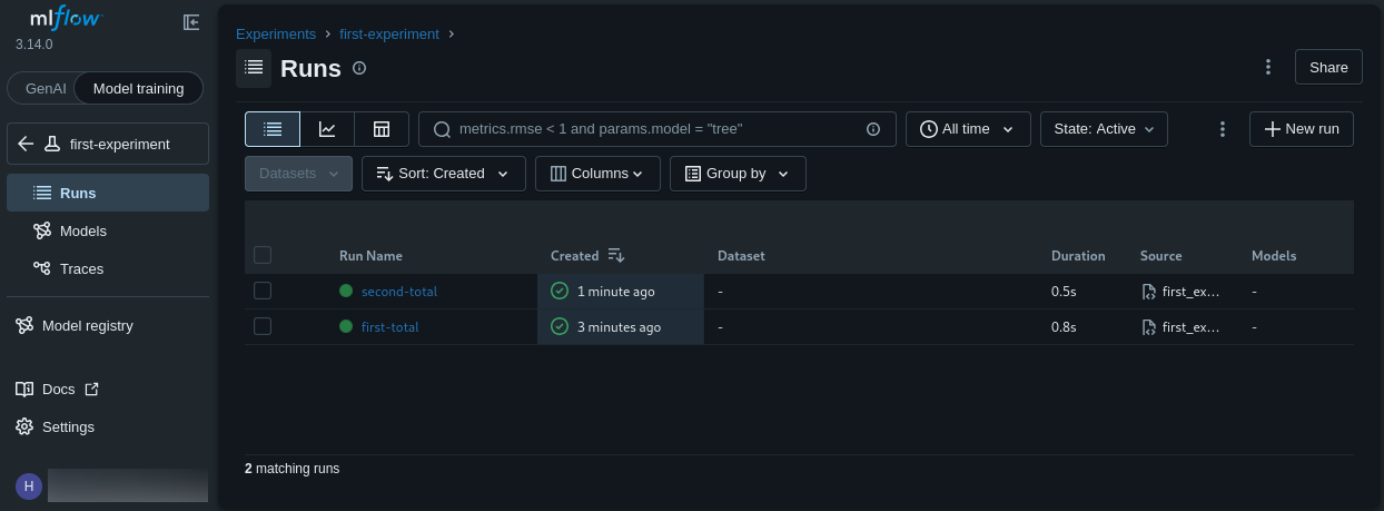 first-experiment Runs page listing second-total and first-total as two separate runs
