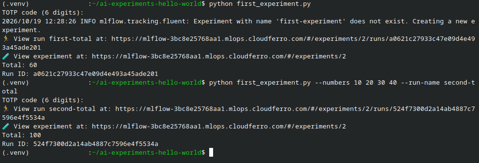 Terminal showing first_experiment.py completing twice with totals of 60 and 100 and different run IDs