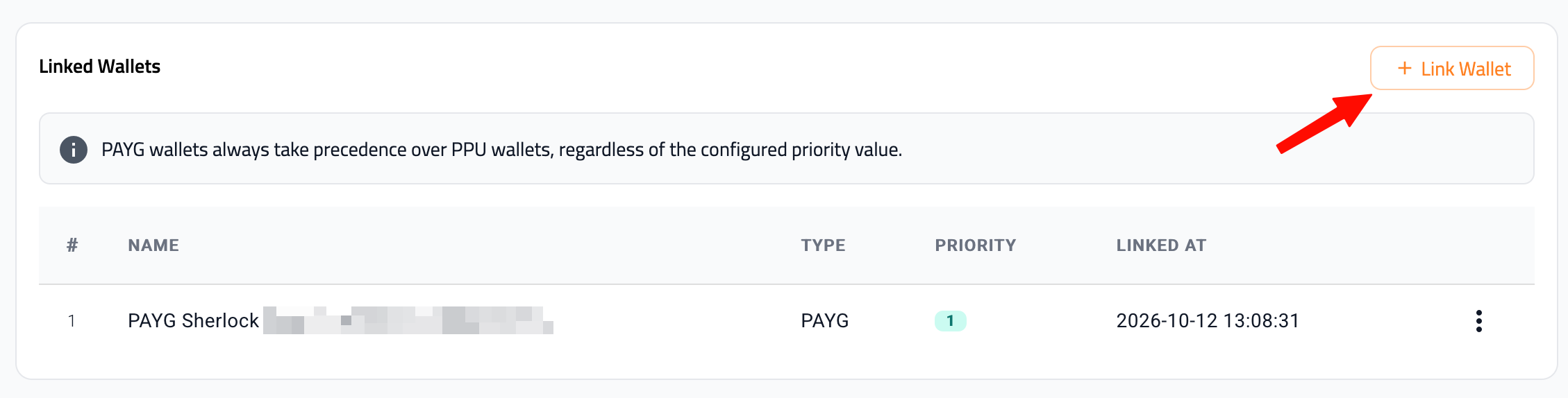 Linked Wallets list with a Link Wallet button and a PAYG wallet with priority 1.