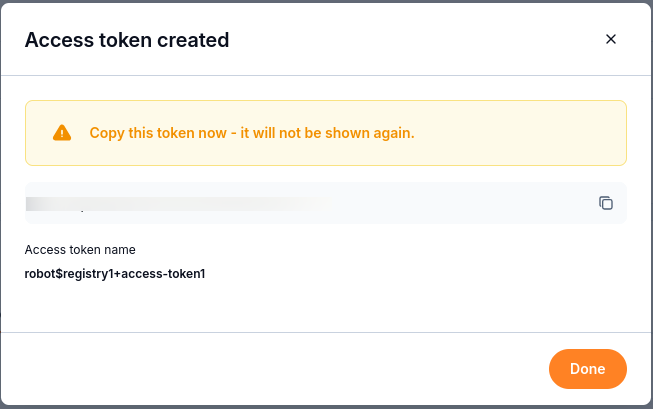Access token created dialog with the secret obscured and full token name visible