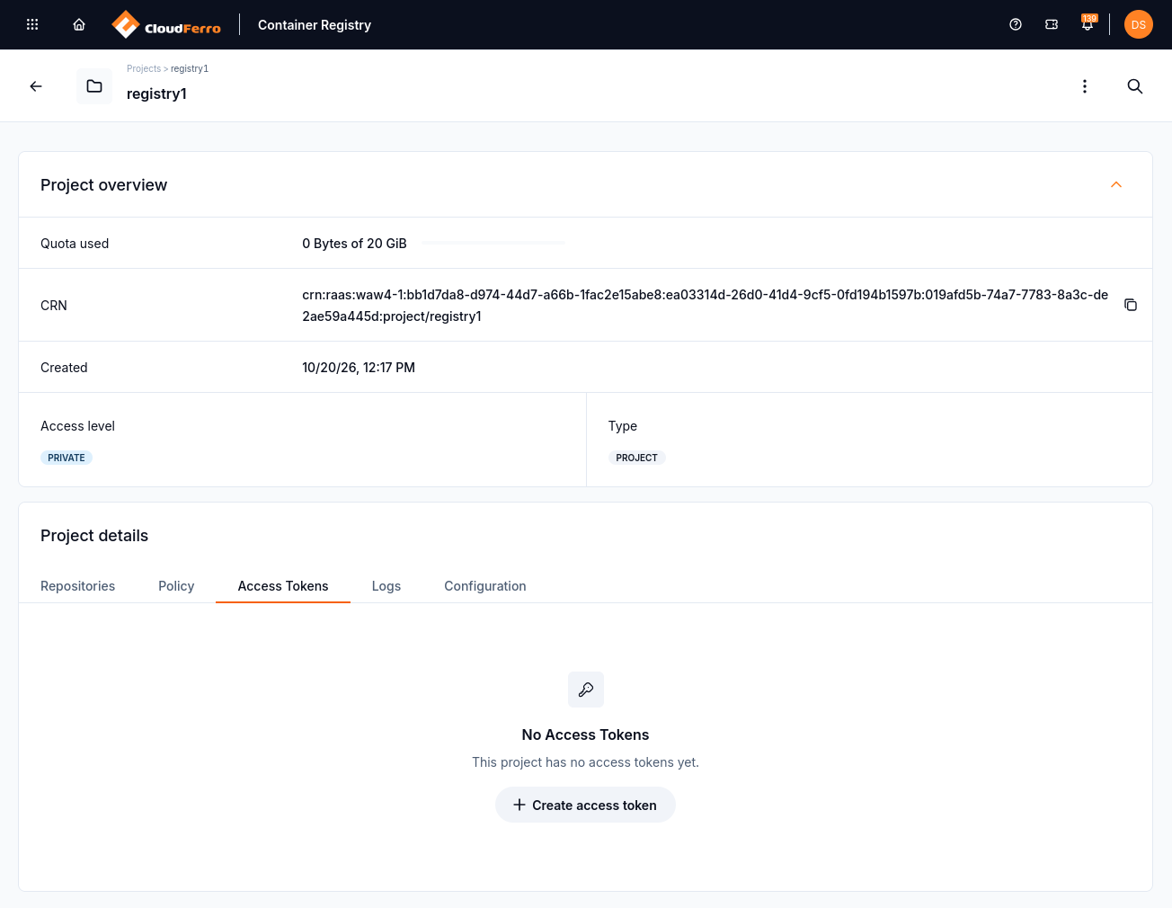 Empty Access Tokens tab with Create access token button