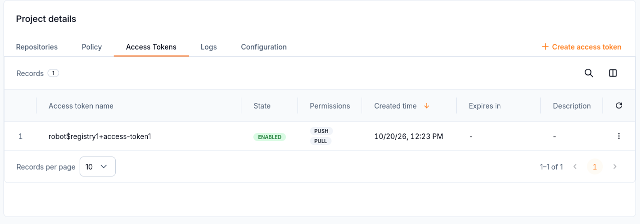 Access Tokens list with an enabled token and Push and Pull permissions