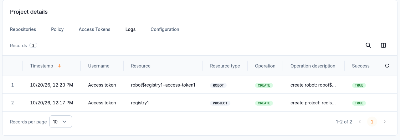 Logs tab showing successful project and access token creation