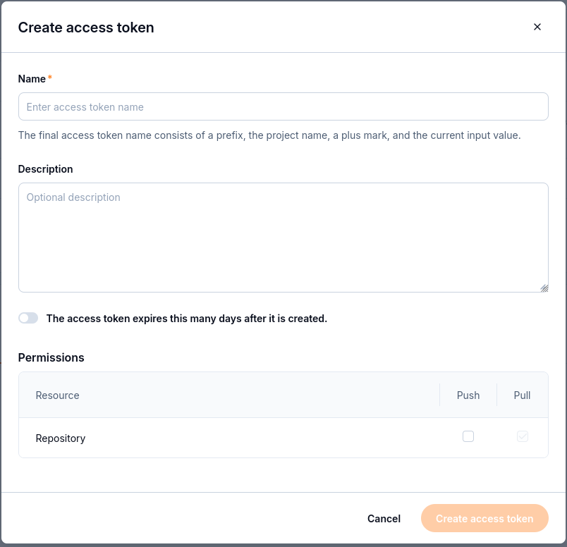 Create access token form with name, description, expiry, and permissions