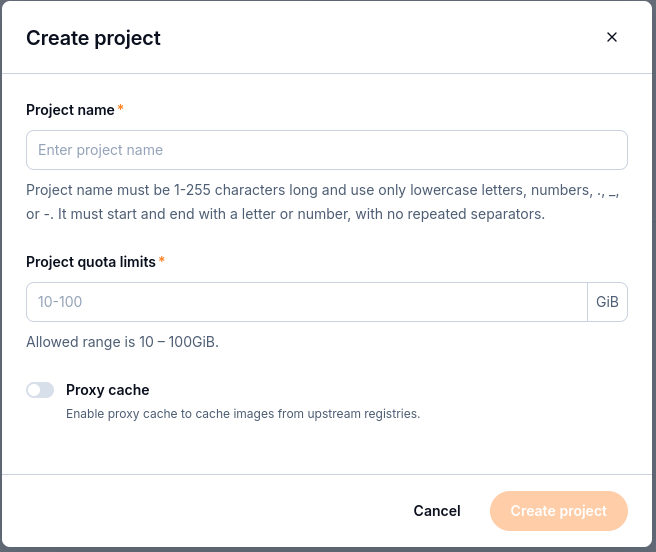 Create project form with project name, quota, and Proxy cache fields