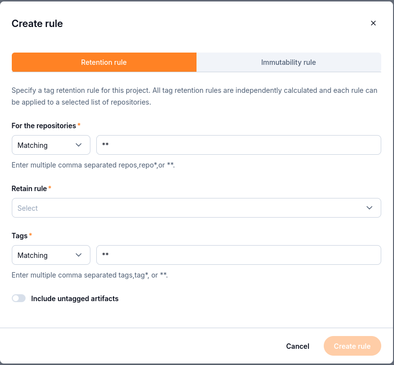 Create rule form with repository, retention, and tag settings