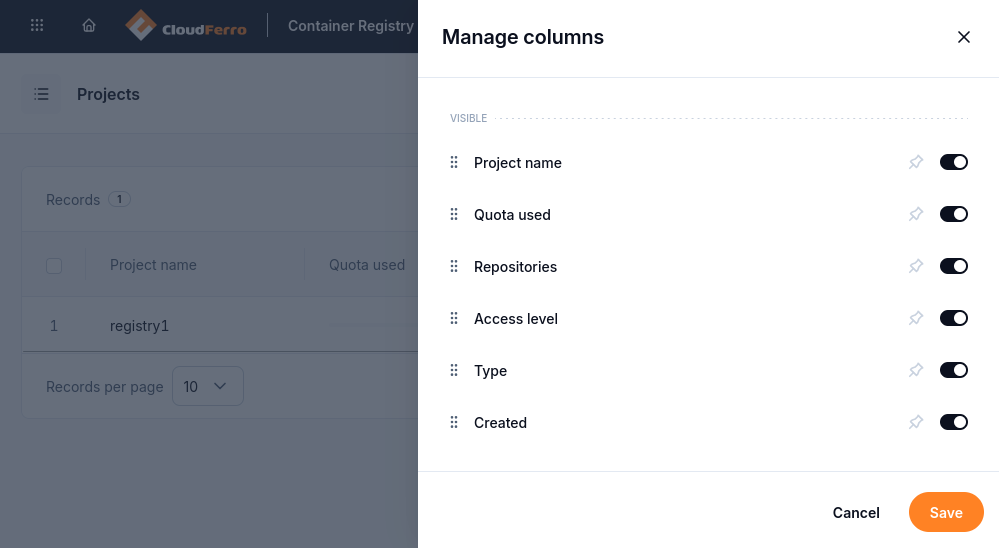 Manage columns panel with visibility switches for project list fields