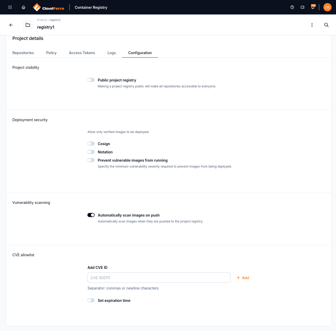 Configuration tab showing visibility, deployment security, scanning, and CVE allowlist