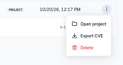 Project row menu with Open project, Export CVE, and Delete actions