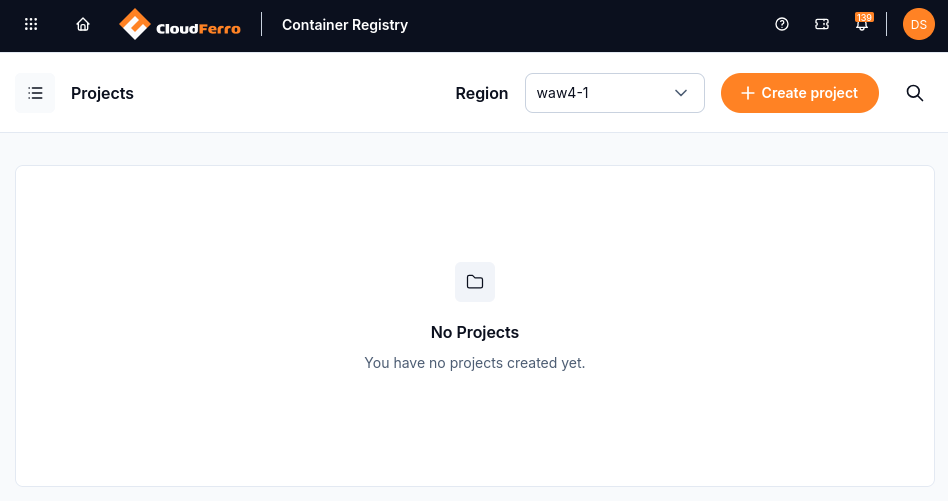 Container Registry Projects page with a region selector, Create project button, and no projects yet