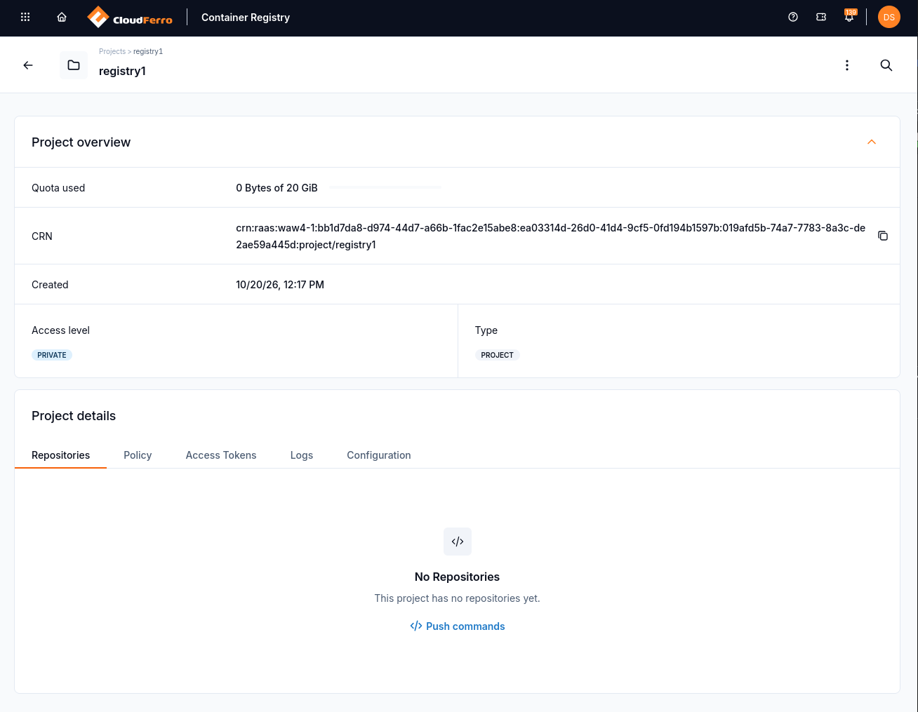 registry1 project overview with an empty Repositories tab and the Policy, Access Tokens, Logs, and Configuration tabs