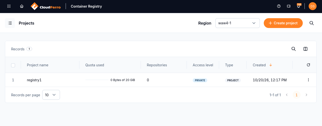 Projects list showing registry1, its quota, and private access level