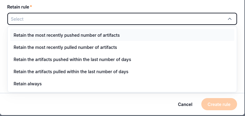 Retain rule dropdown showing count, age, and always-retain choices