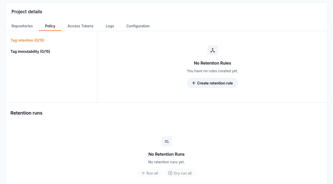 Policy tab with no retention rules or runs