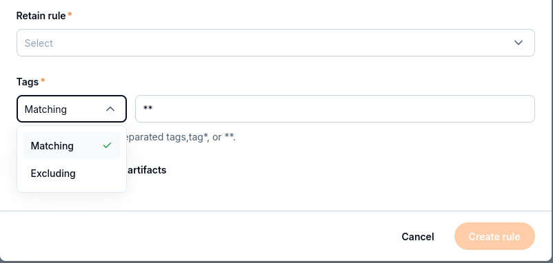 Tags dropdown with Matching and Excluding options