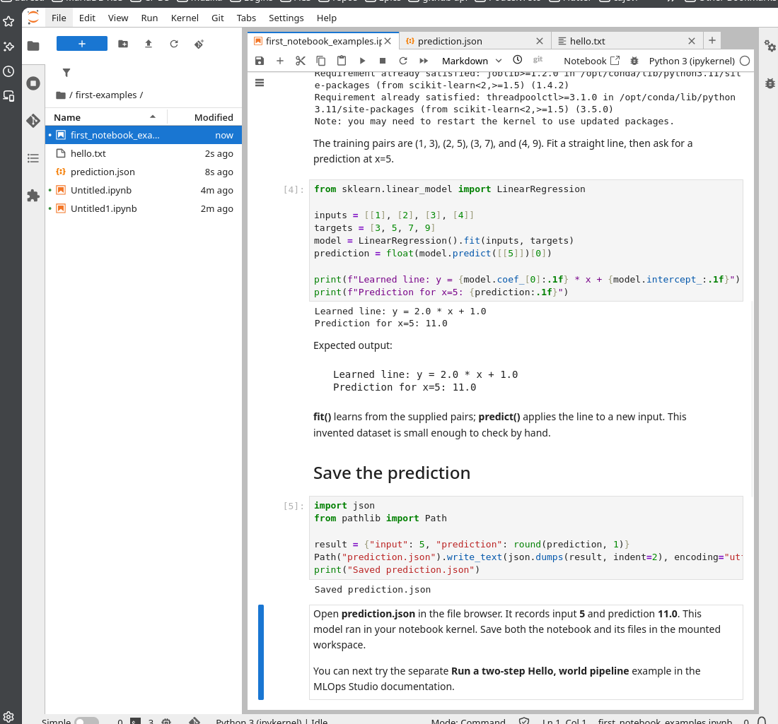 Executed notebook showing prediction 11.0, Saved prediction.json, and hello.txt and prediction.json in the file browser