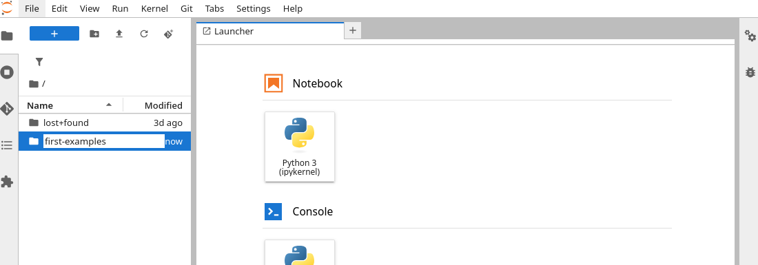 JupyterLab file browser with a new folder being named first-examples