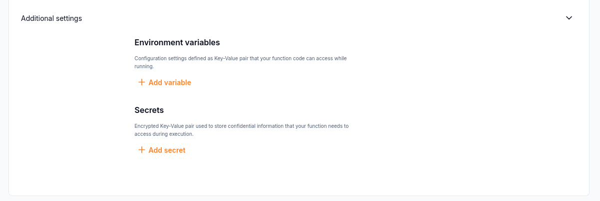 Additional settings provides fields for environment variables and secrets.