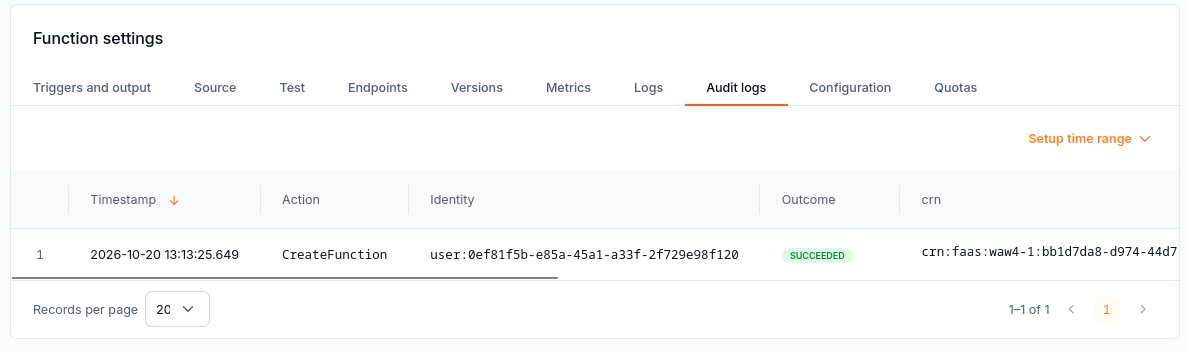 The audit log records a successful CreateFunction management operation.