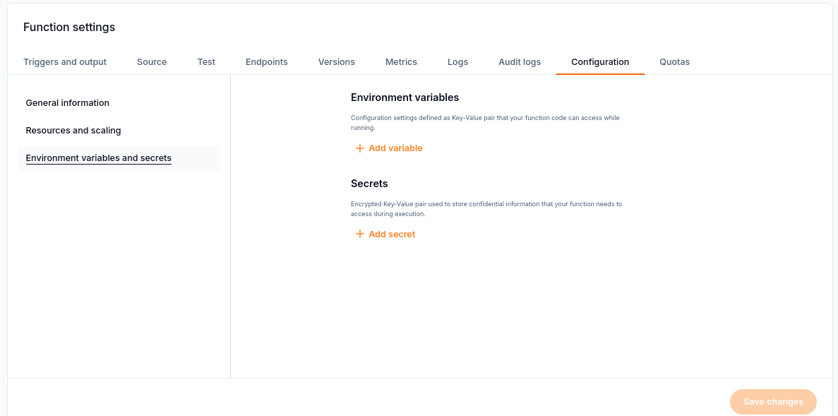 Configuration provides separate controls for environment variables and secrets.