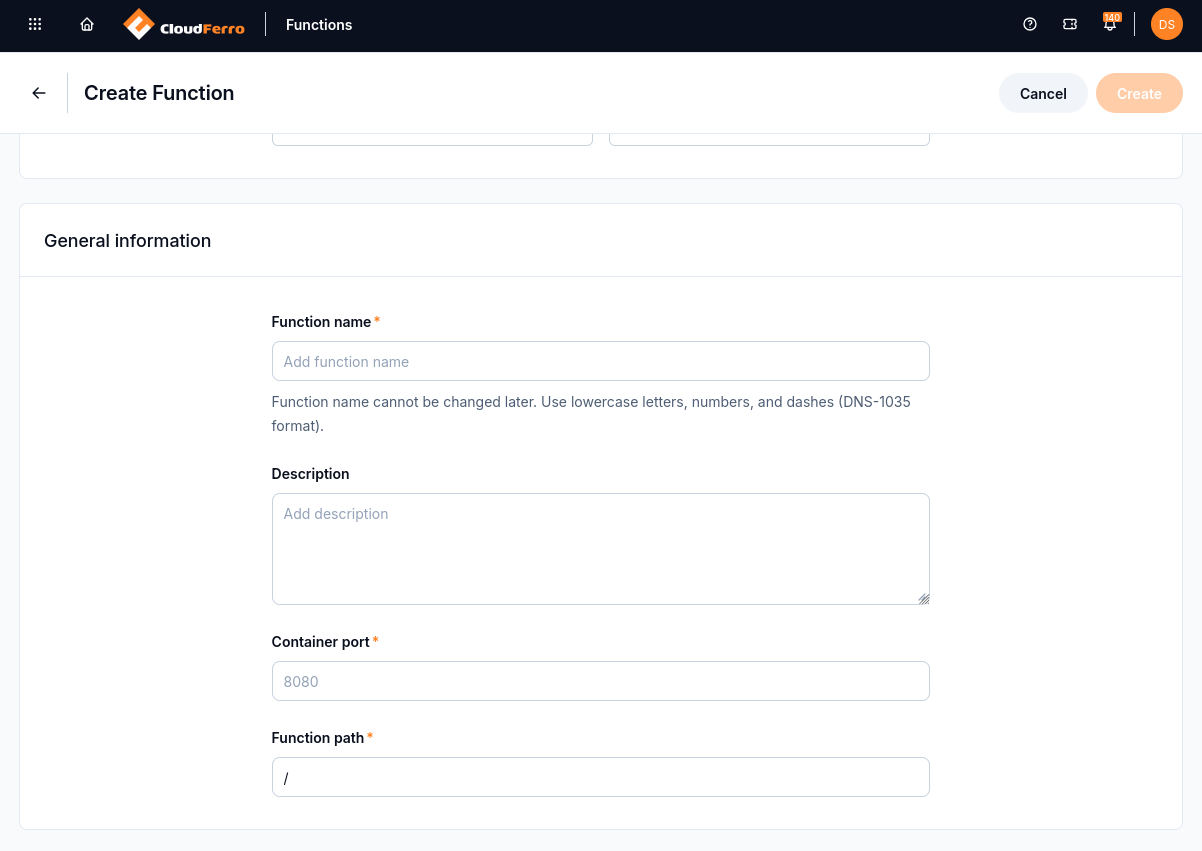 General information includes the function name, description, container port, and path.
